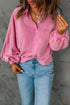 Lantern Sleeve Snap Button Placket Washed Pullover Casual Round Neck Sweatshirt